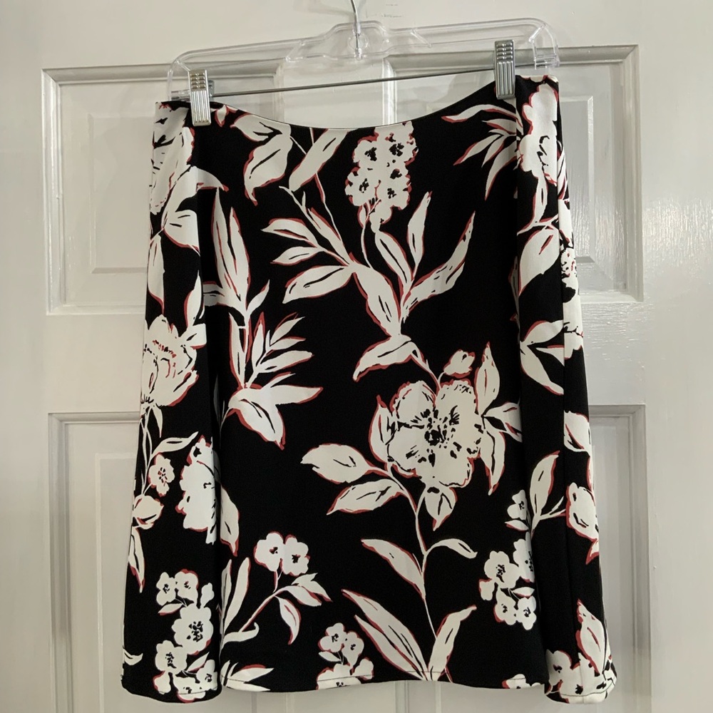 White House Black Market Black Floral A-Line Skirt with White and Pink Accents